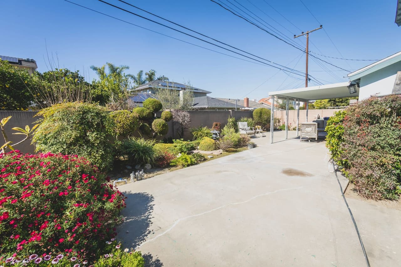 A covered patio and planted garden beside the OC Revive building.